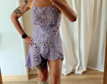 Techno festival and rave party dress, Upcycled vintage mauve tunic crochet dress, Concert Clothing, sexy beach dress.