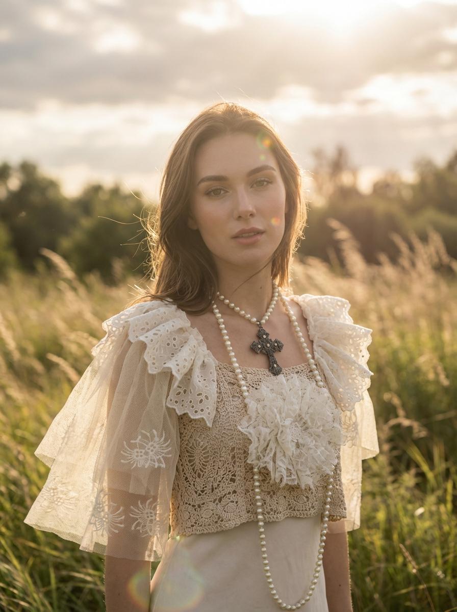 Bohemian Shabby Chic Top in Crochet, Old Embroidered Tulle and