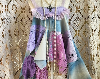 YK2 Bohemian Rock Top in recycled denim and vintage crochet, Backless top, Beach Clothing, Stevie Nicks style, Festival clothes.