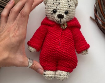 18 cm Crochet Tweed Teddy Bear in a Knitted Jumpsuit