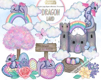 Cute Easter Clipart - 26 spring clip art in png - watercolor dragons planner graphics - pastel fairy tale clipart, with dragon eggs, castle