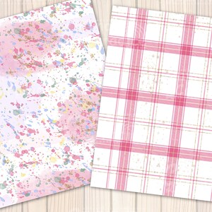 May include: Two digital paper designs. The first design is a pink and white watercolor splatter pattern. The second design is a pink and white plaid pattern.