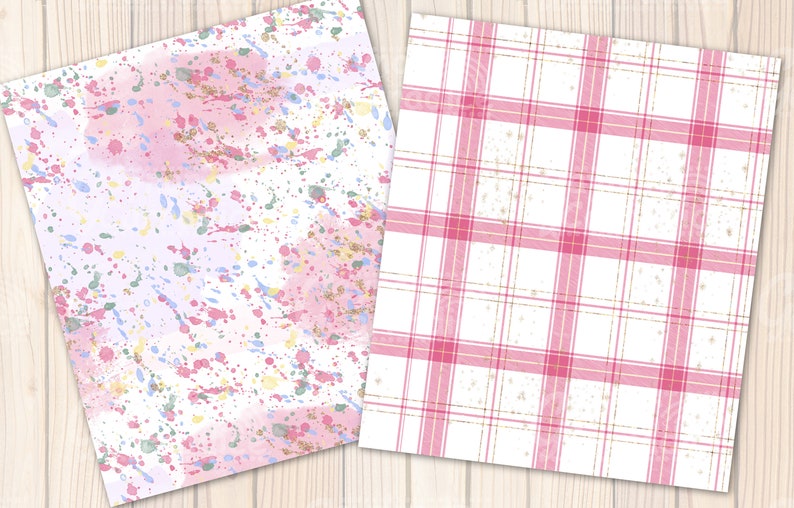 May include: Two digital paper designs. The first design is a pink and white watercolor splatter pattern. The second design is a pink and white plaid pattern.