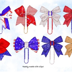 May include: Eight glittery bow clips in red, white, blue, and gold. The bows are decorated with stars, stripes, and glitter. The clips are ready to use.