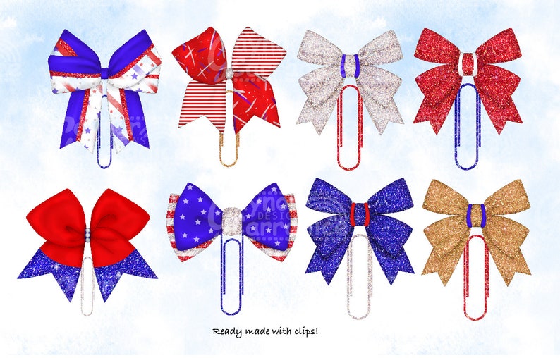 May include: Eight glittery bow clips in red, white, blue, and gold. The bows are decorated with stars, stripes, and glitter. The clips are ready to use.