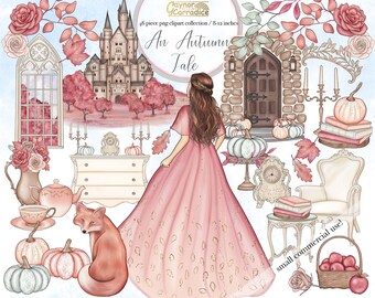 An Autumn Tale Clipart - 46 piece fairytale fall clipart - Watercolor Autumn clipart - princess clipart, pumpkin clip art, pastel fall png