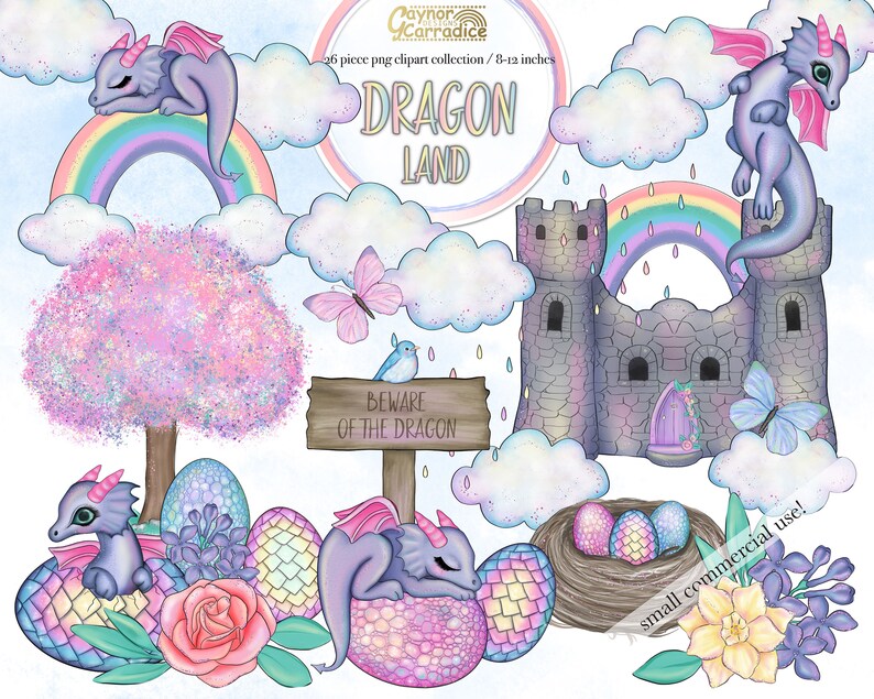 May include: A digital clipart set featuring a whimsical dragon theme. The set includes a castle, rainbow, clouds, a tree, flowers, eggs, and dragons. The text "Dragon Land" is featured in the image. The clipart is perfect for creating invitations, cards, and other crafts.