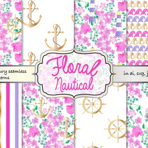 May include: Set of 8 digital seamless patterns featuring floral and nautical elements. The patterns include anchors, steering wheels, waves, and pink flowers on a white background. The text "Floral Nautical" is displayed in a pink banner.
