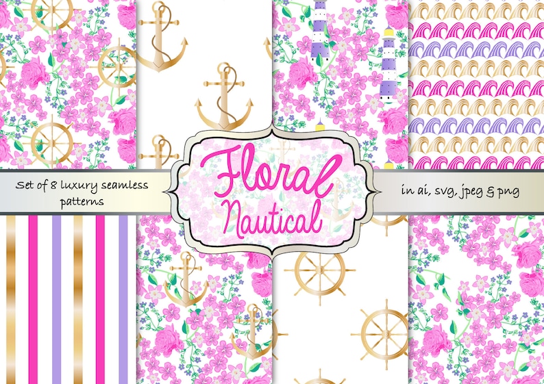 May include: Set of 8 digital seamless patterns featuring floral and nautical elements. The patterns include anchors, steering wheels, waves, and pink flowers on a white background. The text "Floral Nautical" is displayed in a pink banner.