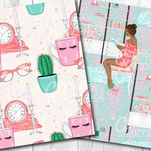 May include: A seamless pattern featuring pink coffee mugs with eyelashes, cacti in turquoise pots, pink clocks with roman numerals, and white candlesticks on a light pink background with white speckles.