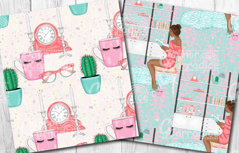 May include: A seamless pattern featuring pink coffee mugs with eyelashes, cacti in turquoise pots, pink clocks with roman numerals, and white candlesticks on a light pink background with white speckles.
