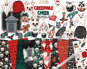 Creepmas Cheer clipart bundle - Creepy Christmas digital paper / clipart bundle, goth christmas clipart, spooky gothmas seamless pattern