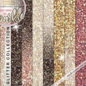 Puede incluir: Diez texturas de purpurina sin costuras en tonos marrones, dorados y rosados. Las texturas miden 30,5 cm por 30,5 cm. El texto "Your year to sparkle" está escrito en blanco con una fuente brillante. El texto "Glitter Collection" está escrito verticalmente en negro. El texto "small commercial use!" está escrito en diagonal en blanco.