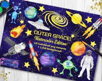 Watercolor space clipart, watercolor space digital, watercolour space clipart, watercolour space illustrations, boys watercolor clipart