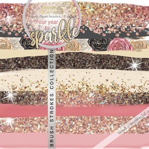 May include: A set of 12 digital brush stroke clipart graphics in pink, brown, beige, and gold with glitter accents. The graphics are 8 inches wide and are perfect for adding a touch of sparkle to your designs.  "Your year to sparkle" and "Brush Strokes Collection" are written on the image.