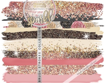 New year Brush strokes clipart - rose gold glitter paint strokes clipart - watercolor, confetti, acrylic brushes, high quality png graphics