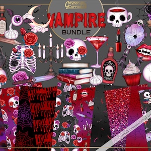 Peut inclure: Un pack de papier numérique sur le thème des vampires. Le pack comprend diverses images, telles que des crânes, des roses, des chauves-souris et un cupcake. Les images sont dans un style sombre et gothique avec des couleurs rouge, noir et blanc. Le texte "Vampire Bundle" est au centre de l'image.