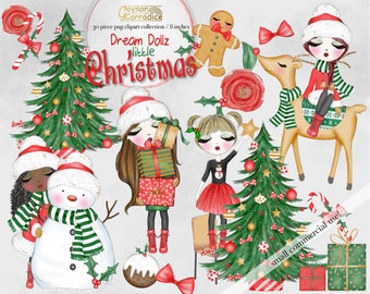 May include: A set of 30 digital Christmas clip art images featuring cute cartoon girls, a snowman, a reindeer, a gingerbread man, a Christmas tree, and presents. The images are ideal for creating festive crafts, cards, and other projects.