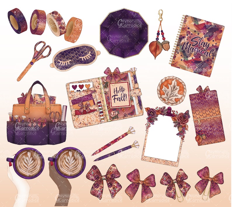 May include: A set of autumn-themed planner stickers and accessories, including a purple planner with the text "Hello Fall!" and a notebook with the text "Stay Magical".