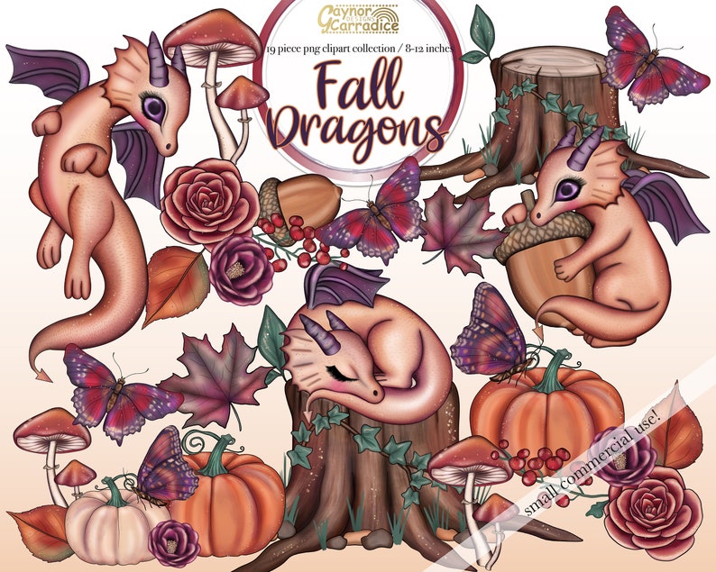 May include: A digital clipart collection of 19 fall-themed illustrations featuring dragons, butterflies, mushrooms, pumpkins, acorns, and leaves. The illustrations are in a whimsical style with a soft color palette of pink, orange, brown, and purple.