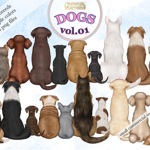 Watercolor Dogs Clipart - 10 dog breeds clipart - best friends add on - Dogs sitting back view - border collie, labrador, dachshund, yorkie
