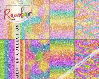 Rainbow glitter digital papers - multi colored ombre glitter seamless patterns, gradient sparkle backgrounds, Glam planner stickers