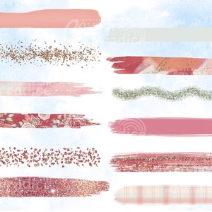 May include: A set of digital brush strokes and glitter textures in pink, red, and gold colors. The textures are perfect for adding a touch of sparkle and elegance to digital designs.