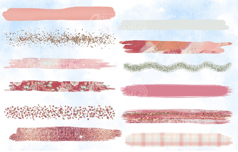 May include: A set of digital brush strokes and glitter textures in pink, red, and gold colors. The textures are perfect for adding a touch of sparkle and elegance to digital designs.