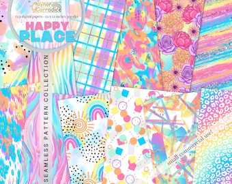 Happy Place - rainbow digital papers - 12 watercolor summer seamless patterns, floral paper pack, abstract background, brush stroke papers