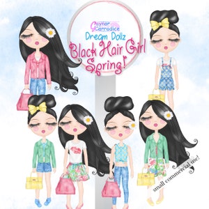 Black hair girl clipart, Spring clip art, Fashion Doll stickers, Planner graphics, task icons Fuctional journal supplies Printable reminders