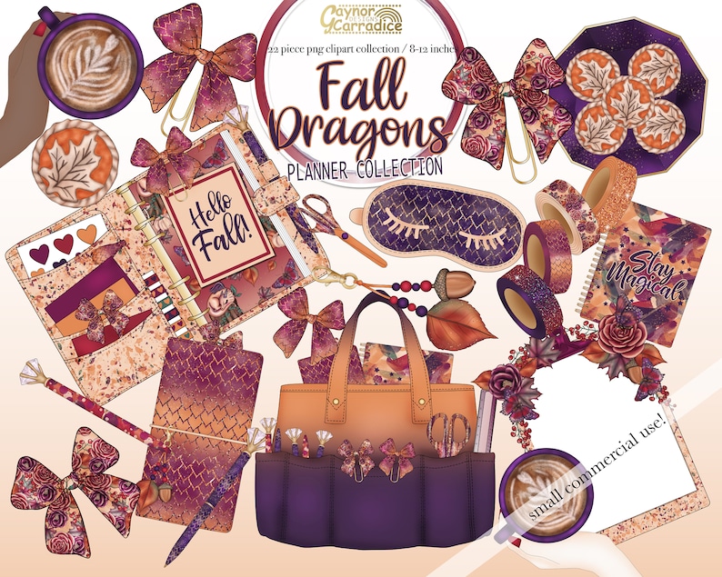 May include: A collection of fall-themed planner stickers and accessories. The stickers feature a variety of designs, including pumpkins, leaves, and acorns. The accessories include a planner, a pen, a coffee cup, and a pair of scissors. The text "Fall Dragons Planner Collection" is written in gold lettering on a purple background.