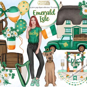 Pu&ograve; includere: Una collezione di immagini digitali con illustrazioni a tema irlandese. La collezione include una ragazza che indossa una maglietta verde con la scritta "lucky", un camion verde con barili sul cassone, un cottage con tetto di paglia, un'arpa, un ferro di cavallo, una boccale di birra, una botte, un trifoglio, un fiore e una bandiera con i colori irlandesi. Il testo "Emerald Isle" &egrave; presente nell'immagine.