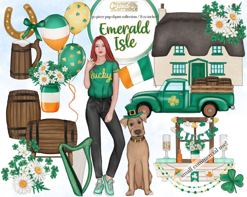Pu&ograve; includere: Una collezione di immagini digitali con illustrazioni a tema irlandese. La collezione include una ragazza che indossa una maglietta verde con la scritta "lucky", un camion verde con barili sul cassone, un cottage con tetto di paglia, un'arpa, un ferro di cavallo, una boccale di birra, una botte, un trifoglio, un fiore e una bandiera con i colori irlandesi. Il testo "Emerald Isle" &egrave; presente nell'immagine.