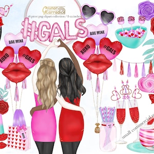 friends Valentine clipart - 26 piece girls party planner graphics - fashion girl illustration - hearts, champagne, balloons, roses and more
