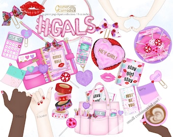 Op de afbeelding: Een set van 34 roze en rode digitale clipart-afbeeldingen met harten, lippen, een rekenmachine, een planner, een telefoon, een draagtas, een koffiekopje en de tekst "#GALS", "Girls Rule", "Hey Girl!" en "Love You".
