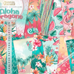Könnte beinhalten: Ein digitales Papierpaket mit 16 nahtlosen Mustern mit niedlichen Drachen, Ananas, Palmen, Wassermelonen und tropischen Blumen in einem rosa, grünen und blauen Farbschema. Der Text "Aloha Dragons" ist oben im Bild zu sehen.