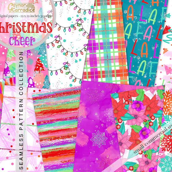 Christmas Cheer - 12 Rainbow Christmas digital papers, colorful Christmas watercolor seamless patterns, xmas paper pack, abstract background