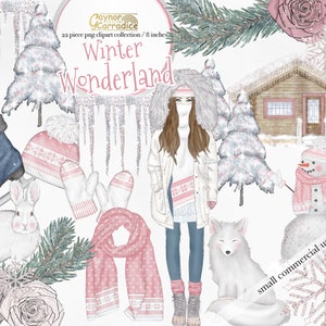 22 Watercolor winter clipart, planner sticker graphics, Christmas clip art, fashion girl illustration, arctic, cabin, white fox, snowman