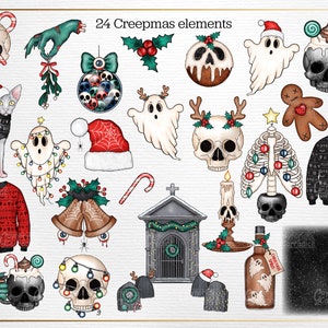 May include: 24 digital illustrations of creepy Christmas elements, including a skull wearing a Santa hat, a ghost with Christmas lights, a gingerbread man, a skeleton Christmas tree, and a skull holding a candy cane.