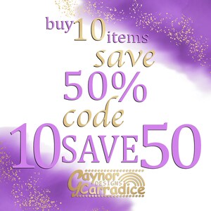 May include: Purple and gold graphic with the text "buy 10 items save 50% code 10SAVE50" and the text "Paynor Designs Carradice" in a circle.