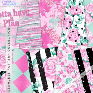 Puede incluir: Un paquete de papel digital con 10 patrones sin costuras en colores rosa, verde y negro. Los patrones incluyen rayas, cuadros, lunares y diseños geométricos. El texto "Gotta have a Plan" aparece en la imagen.