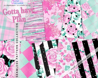 May include: A digital paper pack with 10 seamless patterns featuring pink, green, and black colors. The patterns include stripes, plaid, polka dots, and geometric designs. The text "Gotta have a Plan" is featured on the image.