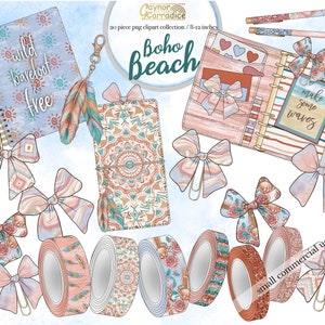 Boho beach planner clipart - 20 piece summer inspired watercolor clip art, flatlay graphics, stationery, washi tape, bow clips, 300dpi png