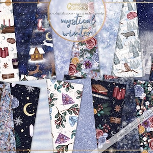 Könnte beinhalten: Ein Set mit 20 digitalen Papieren mit einem mystischen Winterthema. Die Papiere beinhalten verschiedene Designs mit Schneeflocken, Eulen, Hirschen, Schmetterlingen, Kerzen und einer gemütlichen Hütte. Die Papiere sind 13 Zoll mal 12 Zoll groß und haben eine Auflösung von 300 dpi.