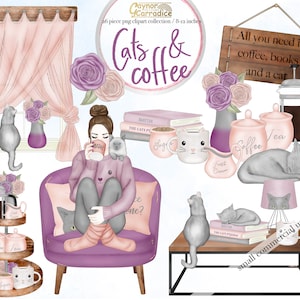 Cats and coffee clipart - 26 piece planner clipart- fashion girl illustration - kitten watercolor art - cozy home graphics - quality png