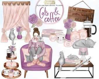 Cats and coffee clipart - 26 piece planner clipart- fashion girl illustration - kitten watercolor art - cozy home graphics - quality png