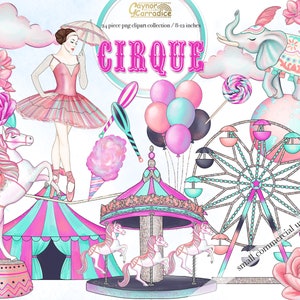Circus clipart - 24 piece planner clipart - watercolor carnival - pastel elephant party graphics - fashion girl clip art - high quality png