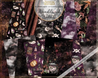 Woodland Witch digital papers - 16 watercolor halloween seamless patterns, spooky paper pack, witch background, night sky backdrops, jpeg
