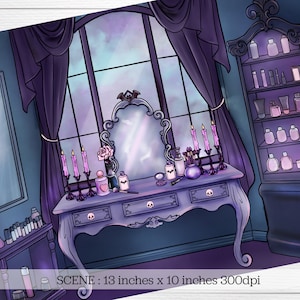 May include: A vanity table with a large mirror, candles, and various bottles of perfume and other beauty products. The table is decorated with a skull motif and has a dark purple and blue colour scheme. The background features a large window with a view of a cloudy sky.