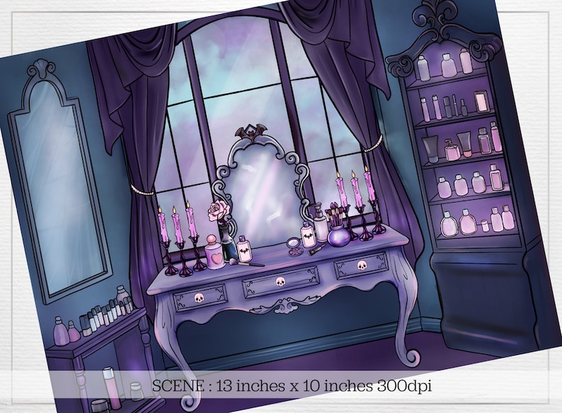 May include: A vanity table with a large mirror, candles, and various bottles of perfume and other beauty products. The table is decorated with a skull motif and has a dark purple and blue colour scheme. The background features a large window with a view of a cloudy sky.